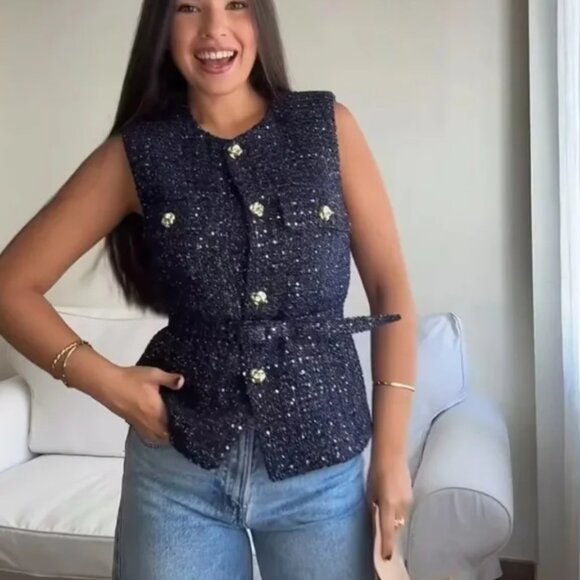 ZARA BELTED SEQUIN STRUCTURED VEST sz M - Picture 6 of 11